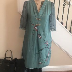 Forest Aqua Dress Red & Wht Floral Pimento Buttons